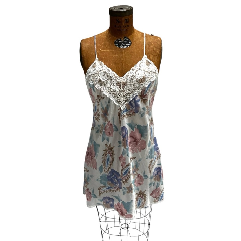 90's Floral Lace‎ Liquid Satin Chemis Slip Dress Coquette Girl Rare Vintage Sz M
